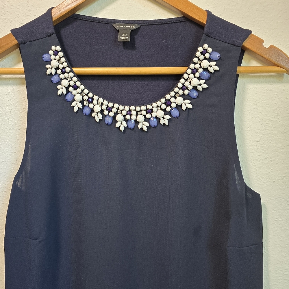 EUC Ann Taylor Navy Sleeveless Top with Beaded Neckline XS